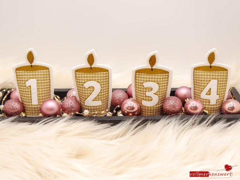 4 ITH-Stickdateien LED-Teelicht-Cover Adventskranz-Kerzen im Set für 10 x 10 cm Stickrahmen